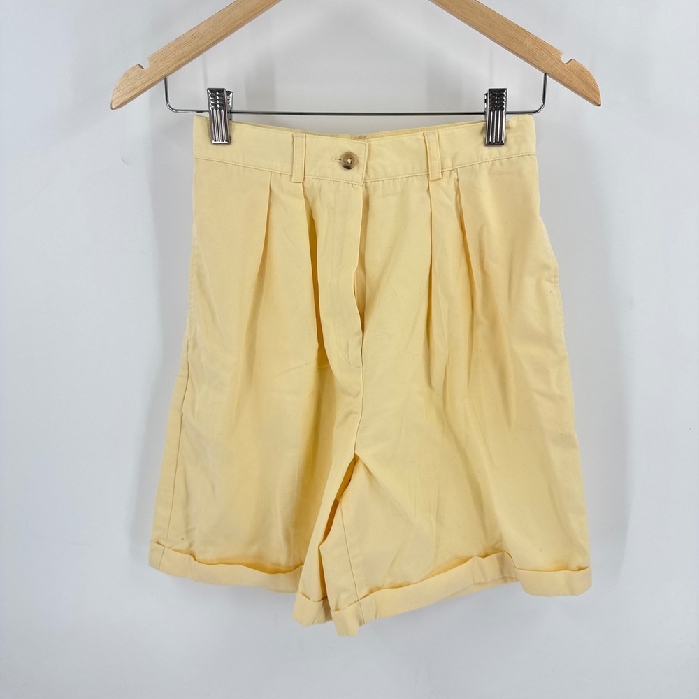 L.L. Bean Pleated Shorts‎ Butter Yellow 4 Vintage Cotton High Waist Cuffed Retro
